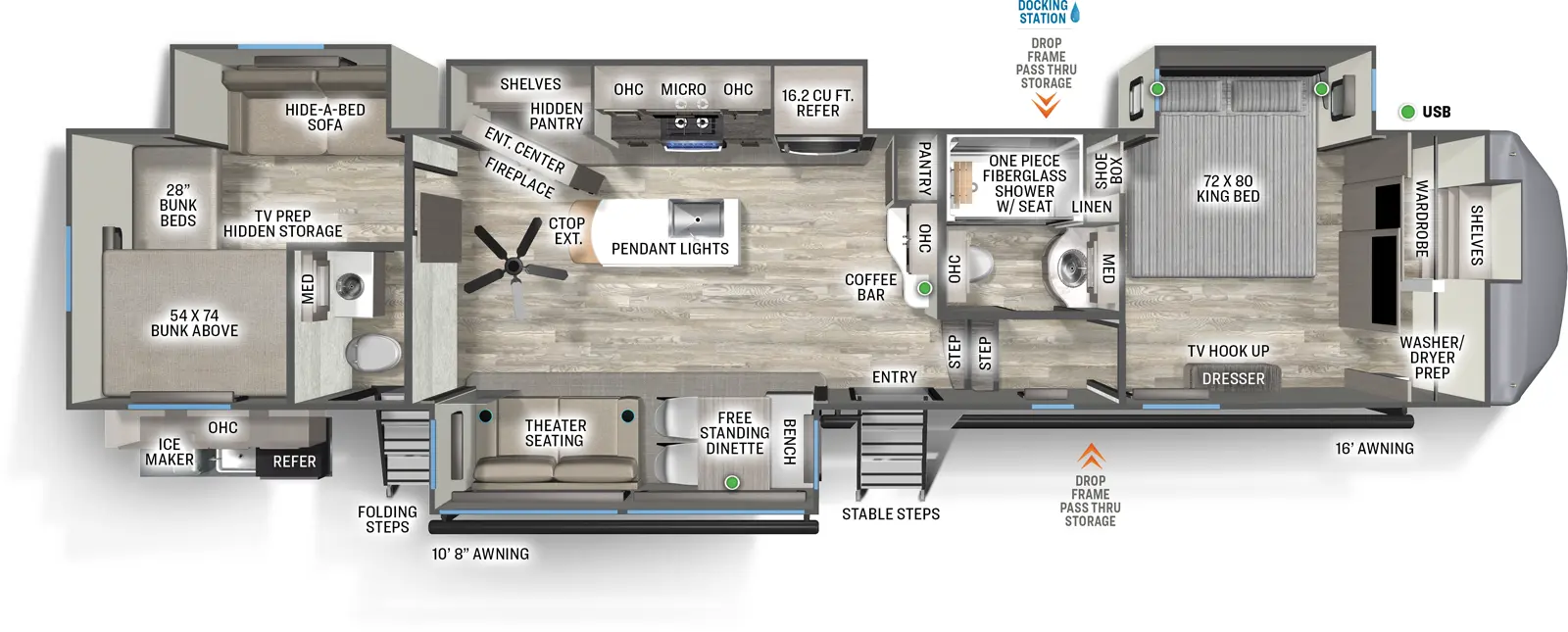 The Sandpiper Fifth Wheels 3880BH floorplan has two entries and four slide outs. Exterior features include: fiberglass exterior, 8' & 16' awning and outside kitchen. Interiors features include: bunk beds, kitchen island, free-standing dinette option, front bedroom and bathroom and a half.